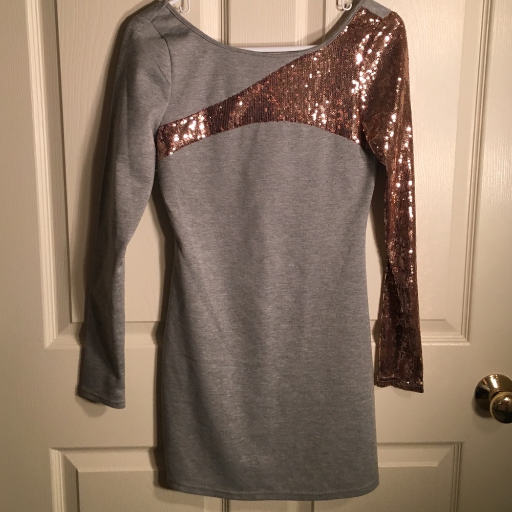 Kardashian Kollection Gray Long Sleeve Dress with Rose Gold Sequin Sleeve